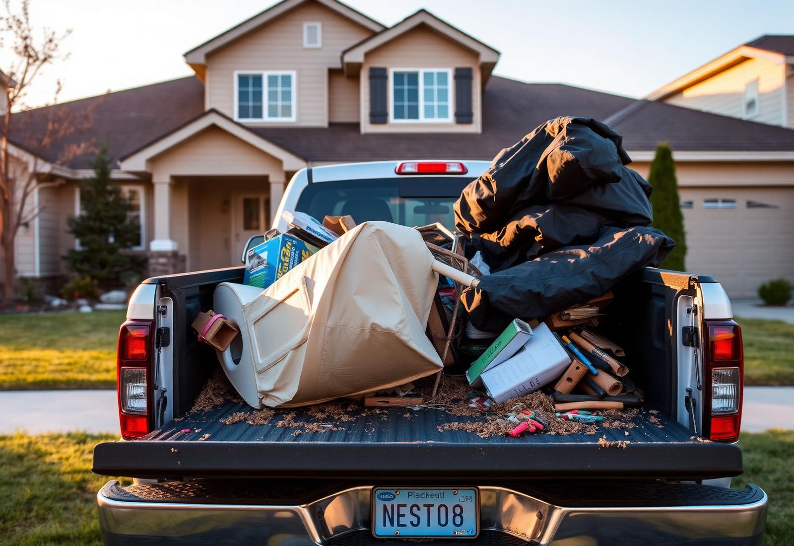 Pickup truck loaded with cleared household junk